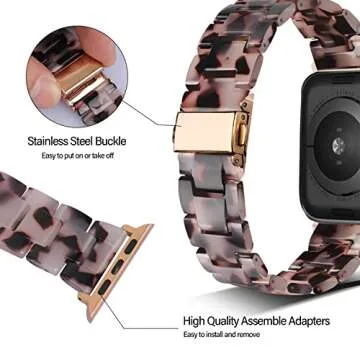 HOPO Compatible With Apple Watch Band 38mm 40mm 42mm 44mm Thin Light Resin Strap Bracelet With Stainless Steel Buckle Replacement For iWatch Series 8 7 6 5 4 3 2 1 SE (Black AgateRose