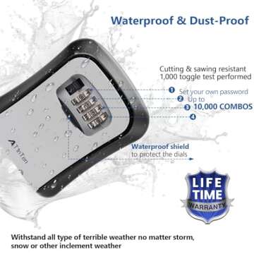 AT1NTEN Key Lock Box Wall Mounted, 4 Digit Combination Lockbox for Outside House,Key Safe Security S...