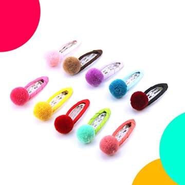 Frcolor 20 Pack Hair Clips with Pom Pom Balls Girl's Hair Barrettes Snap Headpieces