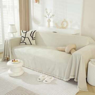 VClife Beige Sofa Cover Breathable Thick Chenille Couch Cover with Tassel Pet-Friendly Anti-Slip Sof...