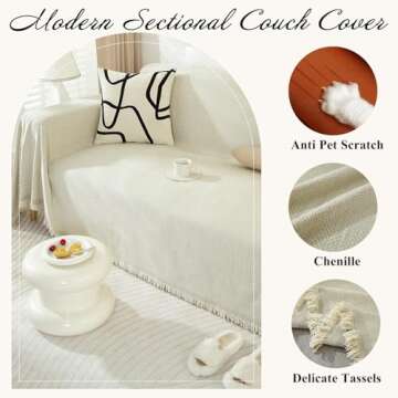 VClife Beige Sofa Cover Breathable Thick Chenille Couch Cover with Tassel Pet-Friendly Anti-Slip Sofa Couch Cover for 2 Cushion Couch Sofa for Cat Dog L Shape Sofa Cover Loveseat Cover 71" X118"