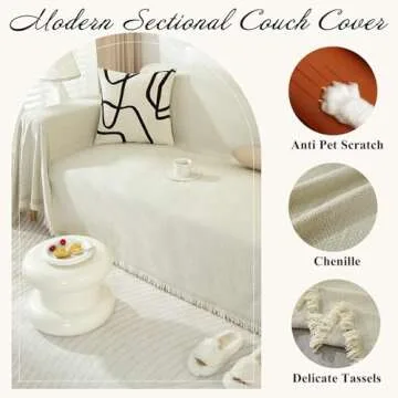 VClife Beige Sofa Cover Breathable Thick Chenille Couch Cover with Tassel Pet-Friendly Anti-Slip Sofa Couch Cover for 2 Cushion Couch Sofa for Cat Dog L Shape Sofa Cover Loveseat Cover 71" X118"