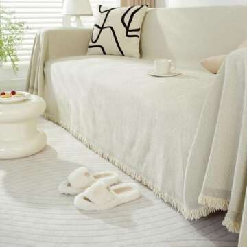 VClife Beige Sofa Cover Breathable Thick Chenille Couch Cover with Tassel Pet-Friendly Anti-Slip Sofa Couch Cover for 2 Cushion Couch Sofa for Cat Dog L Shape Sofa Cover Loveseat Cover 71" X118"