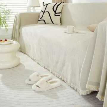 VClife Beige Sofa Cover Breathable Thick Chenille Couch Cover with Tassel Pet-Friendly Anti-Slip Sofa Couch Cover for 2 Cushion Couch Sofa for Cat Dog L Shape Sofa Cover Loveseat Cover 71" X118"