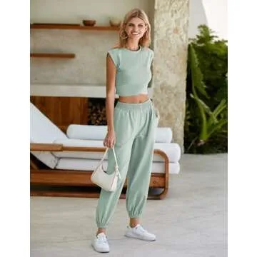 Springrain Womens Two Pieces Outfits Casual Lounge Sets Cropped Tops Sweatpants Tracksuit with Pockets(Teal-S)