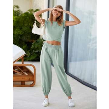 Springrain Womens Two Pieces Outfits Casual Lounge Sets Cropped Tops Sweatpants Tracksuit with Pockets(Teal-S)