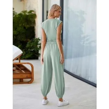 Springrain Womens Two Pieces Outfits Casual Lounge Sets Cropped Tops Sweatpants Tracksuit with Pockets(Teal-S)