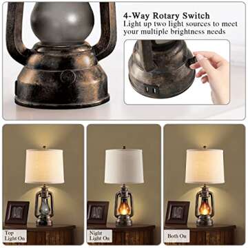 Farmhouse Rustic Table Lamps for Bedroom Set of 2, Vintage Lantern Lamp with Dual USB Charging Ports,25" Retro Antique Bedside Nightstand Desk Lamp for Living Room End Table Entryway, 4 Bulb Included