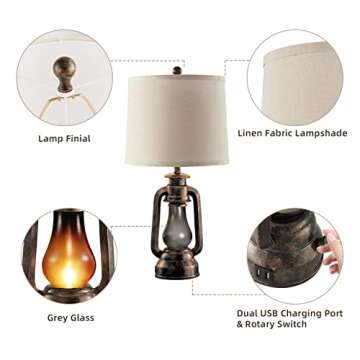 Farmhouse Rustic Table Lamps for Bedroom Set of 2, Vintage Lantern Lamp with Dual USB Charging Ports,25" Retro Antique Bedside Nightstand Desk Lamp for Living Room End Table Entryway, 4 Bulb Included