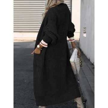 Caracilia Women Cardigan Sweaters Long Sleeve Open Front Knit Long Coat Duster Cozy 2024 Fall Winter Outfits with Pockes Black X-Large