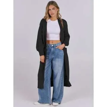 Caracilia Women Cardigan Sweaters Long Sleeve Open Front Knit Long Coat Duster Cozy 2024 Fall Winter Outfits with Pockes Black X-Large