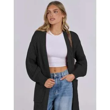 Caracilia Women Cardigan Sweaters Long Sleeve Open Front Knit Long Coat Duster Cozy 2024 Fall Winter Outfits with Pockes Black X-Large