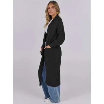 Caracilia Women Cardigan Sweaters Long Sleeve Open Front Knit Long Coat Duster Cozy 2024 Fall Winter Outfits with Pockes Black X-Large