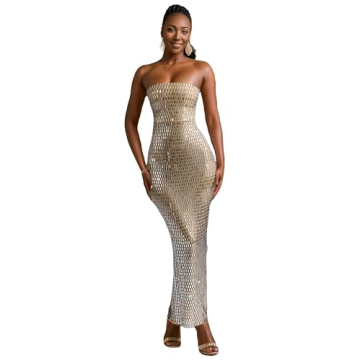 Figdaw Strapless Rhinestone Maxi Dress Sequin Dresses Sexy Evening Gowns for Women Formal Elegant 20...