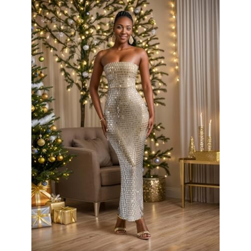 Figdaw Elegant Rhinestone Strapless Evening Maxi Dress