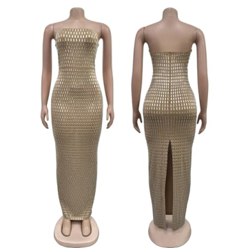 Figdaw Elegant Rhinestone Strapless Evening Maxi Dress