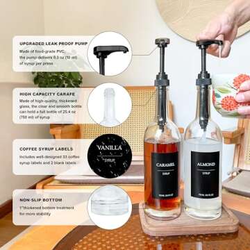 HCYWOC Coffee Syrup Dispenser, 25.4oz 750ml Glass Syrup Bottles, 4 Pack Syrup Dispenser for Coffee Bar With Large Leakproof Coffee Syrup Pump, Coffee Bar Accessories, 38 Labels, 120ml Espresso Cups