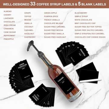 HCYWOC Coffee Syrup Dispenser, 25.4oz 750ml Glass Syrup Bottles, 4 Pack Syrup Dispenser for Coffee Bar With Large Leakproof Coffee Syrup Pump, Coffee Bar Accessories, 38 Labels, 120ml Espresso Cups