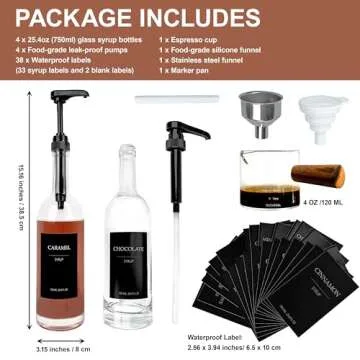 HCYWOC Coffee Syrup Dispenser, 25.4oz 750ml Glass Syrup Bottles, 4 Pack Syrup Dispenser for Coffee Bar With Large Leakproof Coffee Syrup Pump, Coffee Bar Accessories, 38 Labels, 120ml Espresso Cups