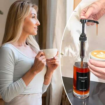 HCYWOC Coffee Syrup Dispenser, 25.4oz 750ml Glass Syrup Bottles, 4 Pack Syrup Dispenser for Coffee Bar With Large Leakproof Coffee Syrup Pump, Coffee Bar Accessories, 38 Labels, 120ml Espresso Cups