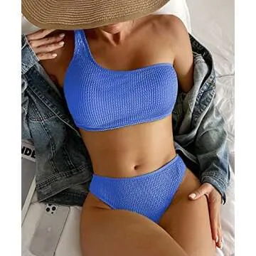 YIMISAN Womens Bikini Sets One Shoulder Top with Low Waisted Tankini Two Piece Bathing Suit Blue