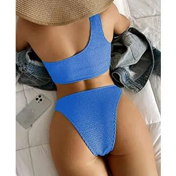 YIMISAN Womens Bikini Sets One Shoulder Top with Low Waisted Tankini Two Piece Bathing Suit Blue