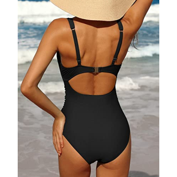 Charmo Womens One Piece Swimsuit Ruched Tummy Control High Cut Backless V Neck Bathing Suits Swimwear Black X-Large