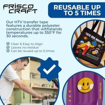 Frisco Craft Transfer Tape for Heat Transfer Vinyl - Iron on Clear Tape for Printable and Patterned Htv, Indoor & Outdoor Adhesive Vinyl - Reusable Up to 5 Times, High Tack (12" x 50 ft)
