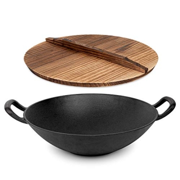 Homeries Pre-Seasoned Cast Iron Wok with 2 Handled and Wooden Lid (14 Inches) Nonstick Iron Deep Fry...