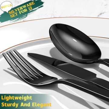 60 Pieces Black Silverware Set, Premium Stainless Steel Flatware Set for 12, Yoehka Mirror Polished ...