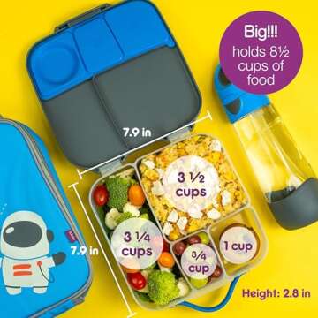 b.box Oversized Lunch Box for Kids: Bento Box with 4 Compartments (2 Leak Proof), Removable Divider, Gel Cold Pack. For Older Kids and Big Eaters Ages 3+. School Supplies. 8½ Cup Capacity.