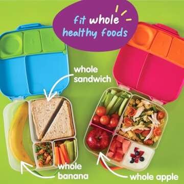 b.box Oversized Lunch Box for Kids: Bento Box with 4 Compartments (2 Leak Proof), Removable Divider, Gel Cold Pack. For Older Kids and Big Eaters Ages 3+. School Supplies. 8½ Cup Capacity.