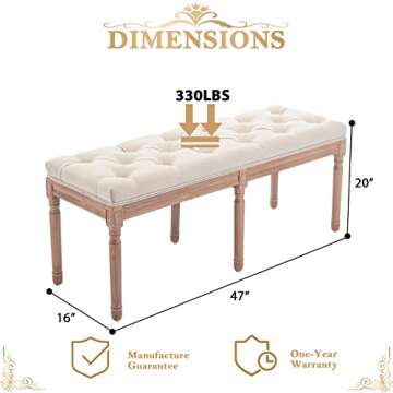 Bonzy Home Tufted Extra-Long Entryway Bench, 47” French Vintage Bedroom Benches Upholstered Dining...