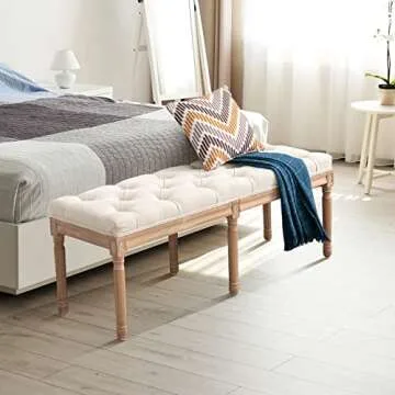 Bonzy Home Tufted Extra-Long Entryway Bench, 47” French Vintage Bedroom Benches Upholstered Dining Benches, Fabric End of Bed Bench for Bedroom Dining Room Living Room Entryway, Beige