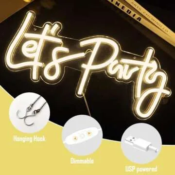 Ajoyferris Let's Party Neon Signs Dimmable Neon Light Sign for Wall Decor 16''x 7'' Word LED Neon Sign Art Decorative Lights for Bachelorette Engagement Party Birthday Wedding Party Warm White