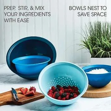 Basic Essentials 4 Piece Plastic Nesting Mixing Bowls & Colander Set for Kitchen, Baking, Prepping, ...