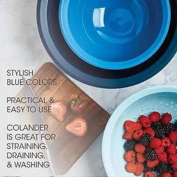 Basic Essentials 4 Piece Plastic Nesting Mixing Bowls & Colander Set for Kitchen, Baking, Prepping, Cooking, Space Saving Storage, Multiple Sizes, Gradient Blue