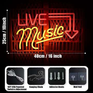 Music Live Neon Signs, Handcrafted Live Music Led Light Signs for Wall Decor, Usb Powered Music Live...