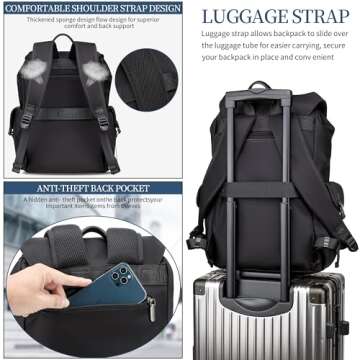 Colins Keirs Black backpack men,16 inch laptop backpack for men, drawstring anti-theft waterproof tech backpack with laptop compartment. Large 30 L