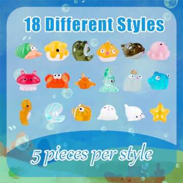 90pcs Mini Ocean Figurines, 18 Styles Tiny Resin Marine Animals Fish Turtles Miniature Sea Animals Ornaments Small Trinkets for Dollhouse Garden Decoration Birthday Party Favor