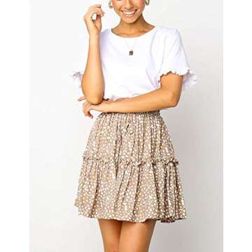 Relipop Women's Flared Short Skirt Polka Dot Pleated Mini Skater Skirt with Drawstring (Beige,Medium)