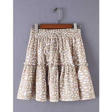 Relipop Women's Flared Short Skirt Polka Dot Pleated Mini Skater Skirt with Drawstring (Beige,Medium)