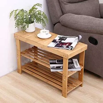 KKTONER Bamboo Shoe Rack Bench 3 Tier Entryway Seat Shoe Organizer Storage Shelf Natural Color