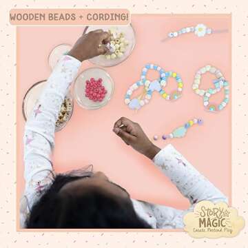 Story Magic Wooden Flower Bead Set, Over 300 Large Hole Wood Beads & Charms for Beading Bracelets, B...