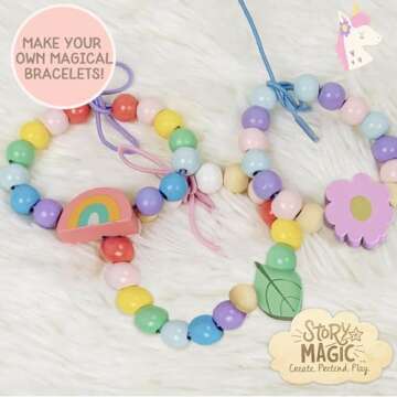 Story Magic Wooden Flower Bead Set, Over 300 Large Hole Wood Beads & Charms for Beading Bracelets, Bracelet Making Kit, Flower Bracelet Kit, Whimsical Bracelet Charms, Storage Tray Included, Ages 4+