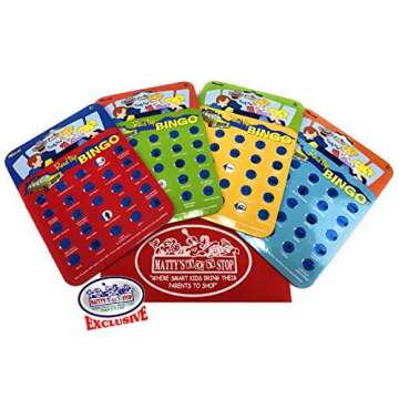 Toysmith Road Trip Bingo Cards Red, Blue, Green & Orange Gift Set Travel Bundle with Bonus Matty's Toy Stop Storage Bag - 4 Pack