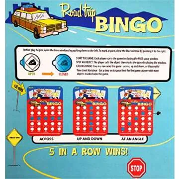 Toysmith Road Trip Bingo Cards Red, Blue, Green & Orange Gift Set Travel Bundle with Bonus Matty's Toy Stop Storage Bag - 4 Pack