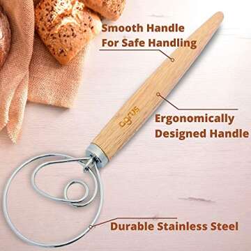 AGRUS Danish Dough Whisk - Bread Making Tools - Danish Dough Hook - Bread Dough Mixer Hand - Bread D...