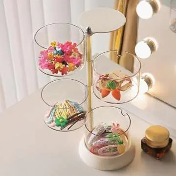 YIEZI 4-Layers Clear Jewelry Organizer, 360° Rotatable Small Cute Acrylic Jewelry Box for Hair Clip, Hair Tie, Earring, Necklace, Bracelet, Ring, Hair Accessories Holder for Girls