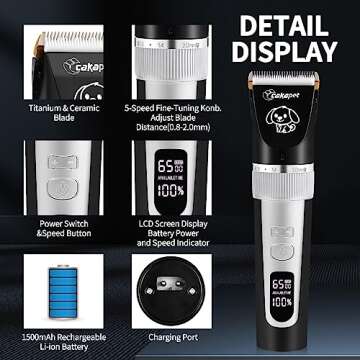 Dog Clippers, Cordless Low Noise Rechargeable Electric Dog Grooming Clipper Kit, Adjustable Clipper Comb & Detachable Blades Dog Trimmer, Suitable for Dogs, Cats, Pets